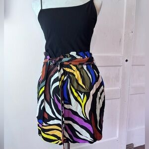 WHO WHAT WEAR LINENBLEND GRAPHIC SKIRT SZ MED ELASTIC WAIST POCKETS SELF-BELT